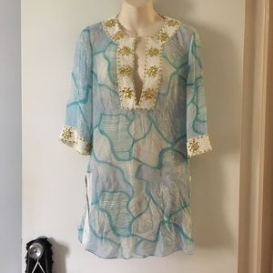 CHRISTIANE CELLE CALYPSO Pure Silk Chiffon Embellished Beach Blouse XS